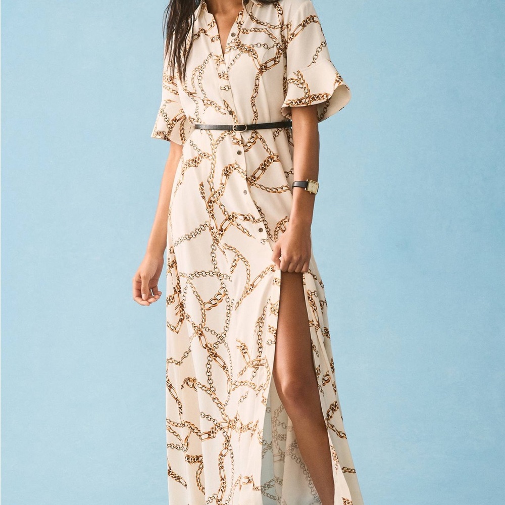 Anthropologie Chain Print Maxi Dress - Cream and Brown